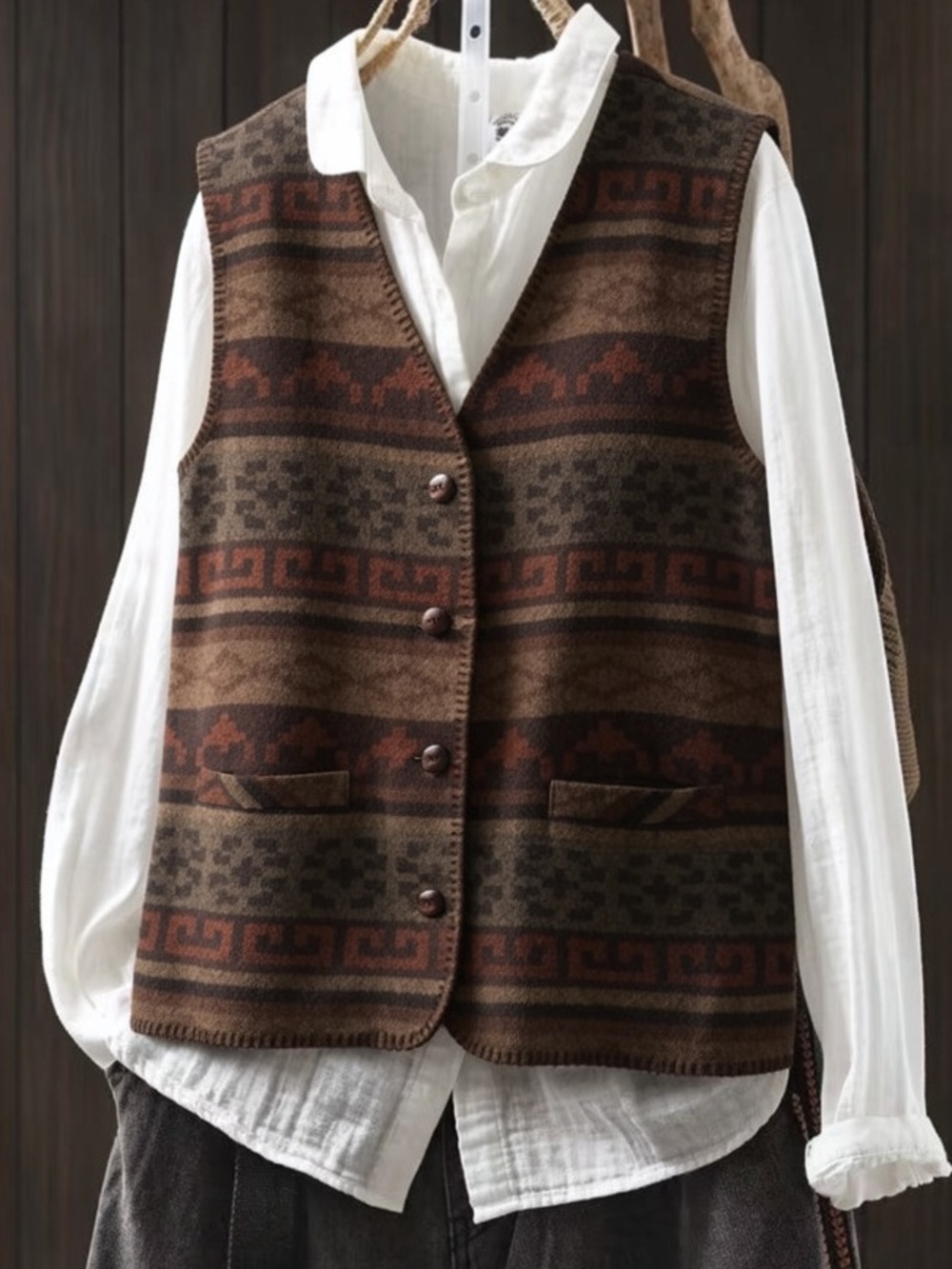 Vintage Wool Blend Knit Vest Southwestern Geometric Button Front Pockets Boho